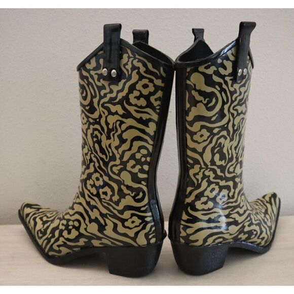 Nomad Women's Sz 6 Black/Tan Animal Print Yippy Pointy Toe Rubber Rain Boots - Picture 7 of 8